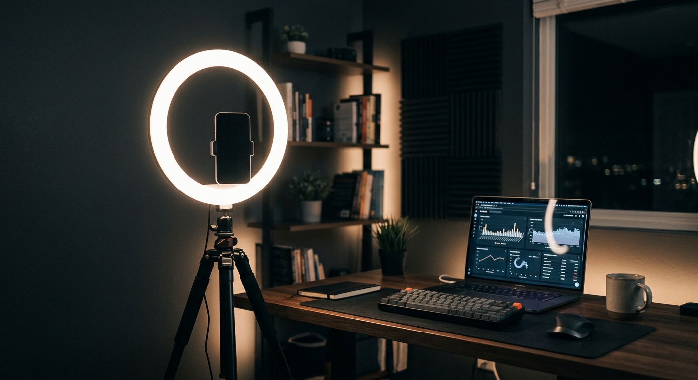Kreatörsstudio med ringljus, telefon på stativ och laptop med statistik